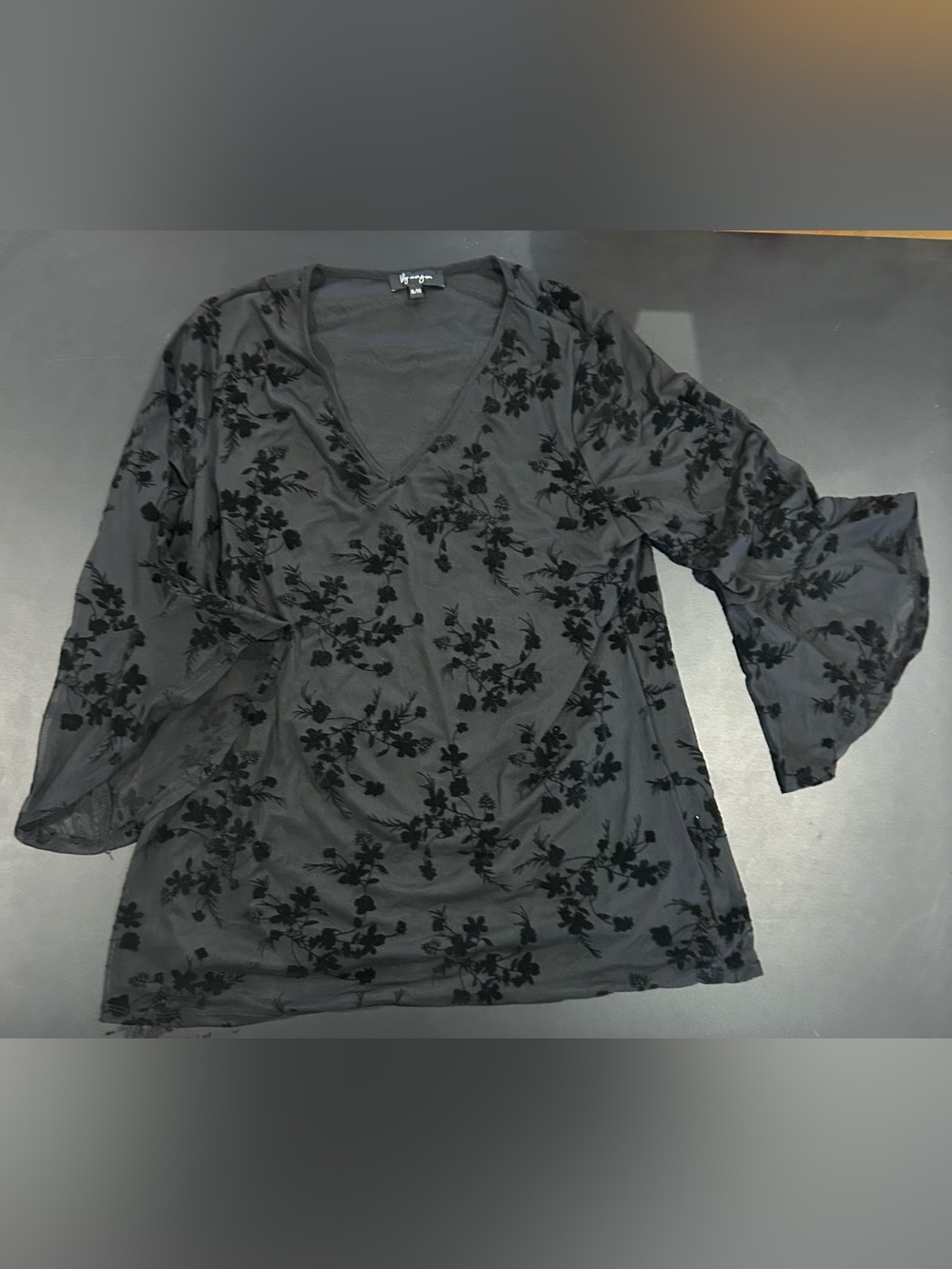 Sheer Black Floral Burnout V-Neck Bell Sleeve Blouse